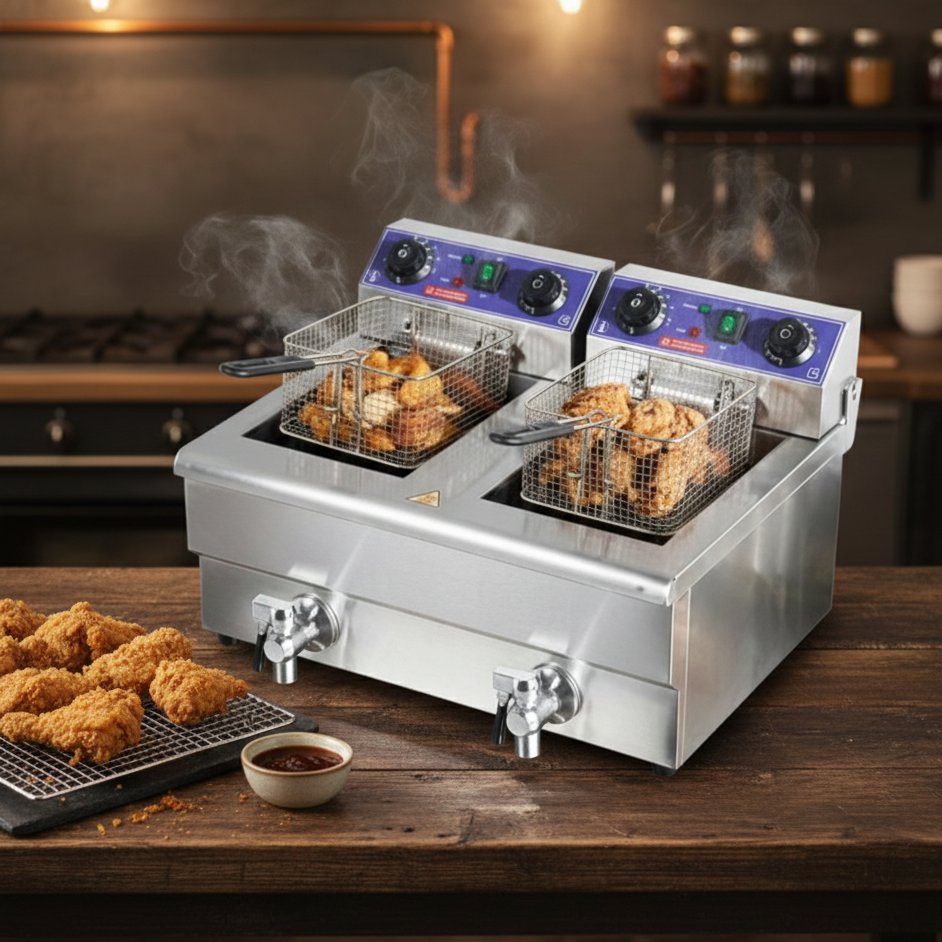 Friteuse Électrique Professionnelle Double Cuve | Robinet de Vidange | Frites & Beignets | 2 Variantes