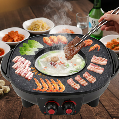 Station de Cuisson Ronde 2-en-1 | Gril & Fondue Coréenne | 1300W | Korean BBQ Authentique