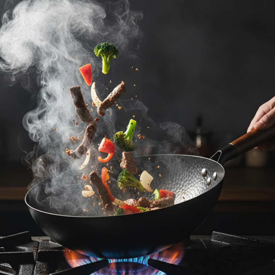 Wok Acier Carbone Fond Plat 32cm | Manche Bois | Compatible Induction & Gaz | 2 Variantes