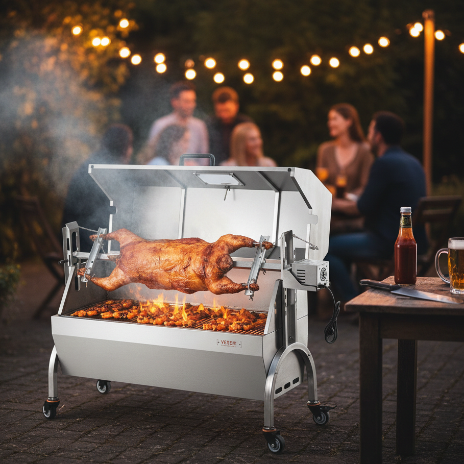 Barbecue Rôtissoire XXL au Charbon | Moteur Électrique 52W | Poulet Rôti & Agneau | Usage Professionnel