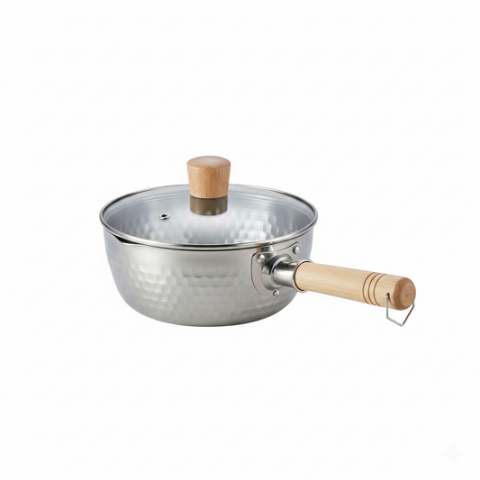 Casserole Inox Martelée Artisanale | Manche Bois Naturel | Compatible Induction & Gaz | 18-22cm
