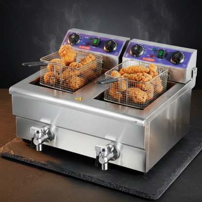 Friteuse Électrique Professionnelle Double Cuve | Robinet de Vidange | Frites & Beignets | 2 Variantes