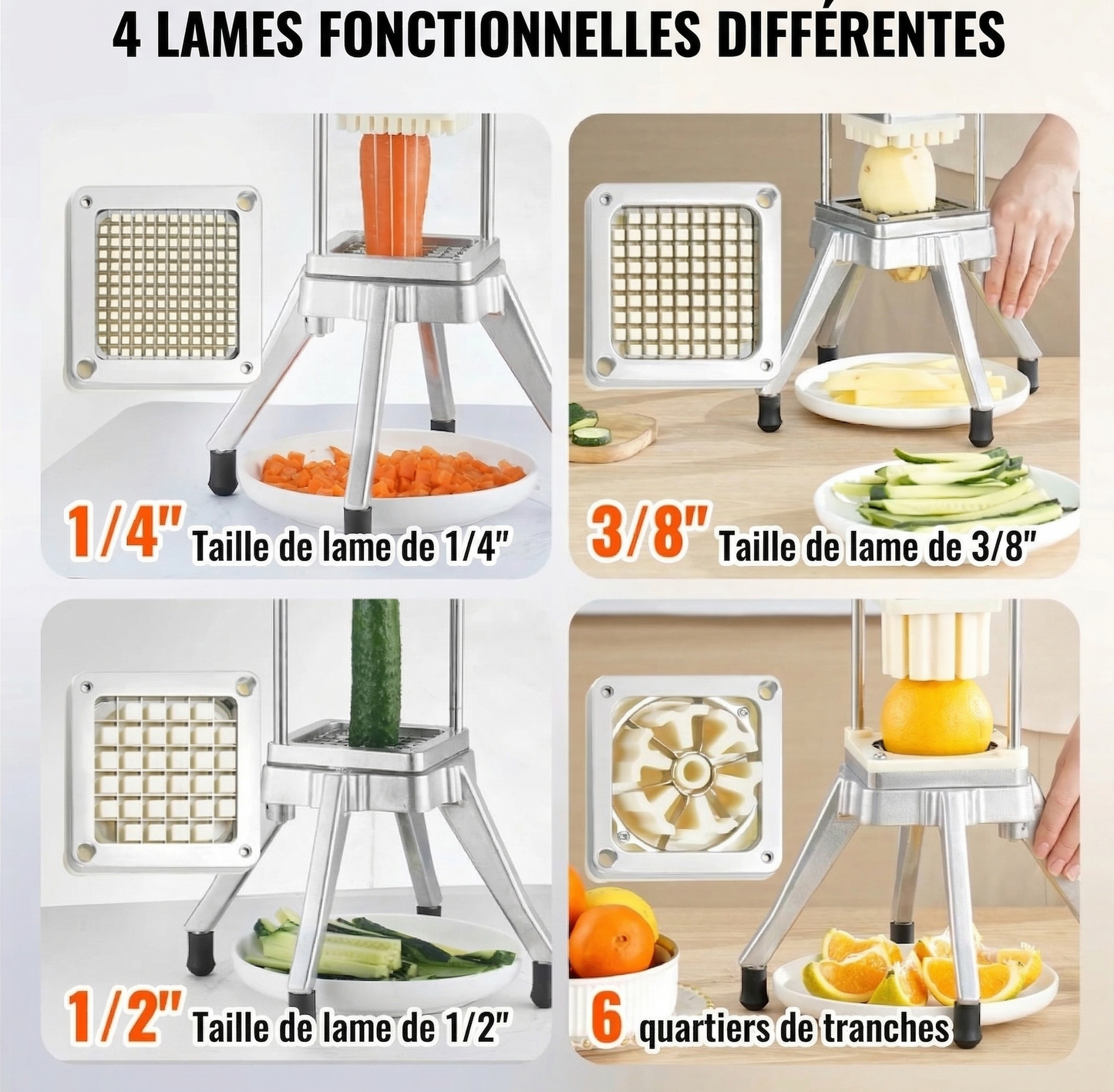 Coupe-Frite Professionnel Inox | 4 Lames Interchangeables 6-8-10-12mm | Frites & Légumes