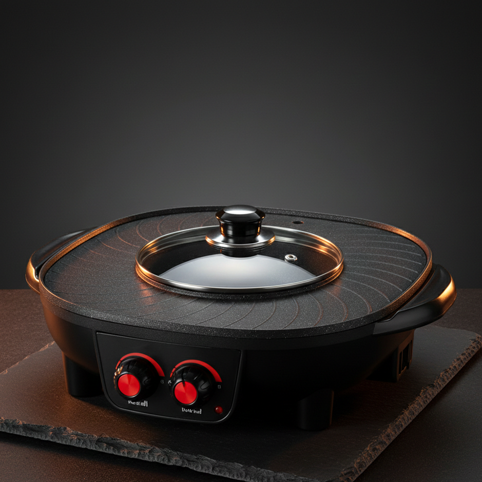 Station de Cuisson Ronde 2-en-1 | Gril & Fondue Coréenne | 1300W | Korean BBQ Authentique