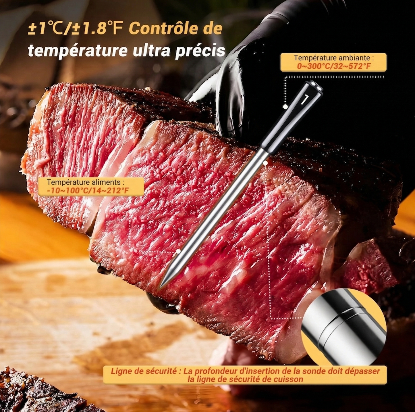 Thermomètre à Viande Sans Fil | Sonde Étanche | BBQ, Four & Rôtissoire | Alarme Température