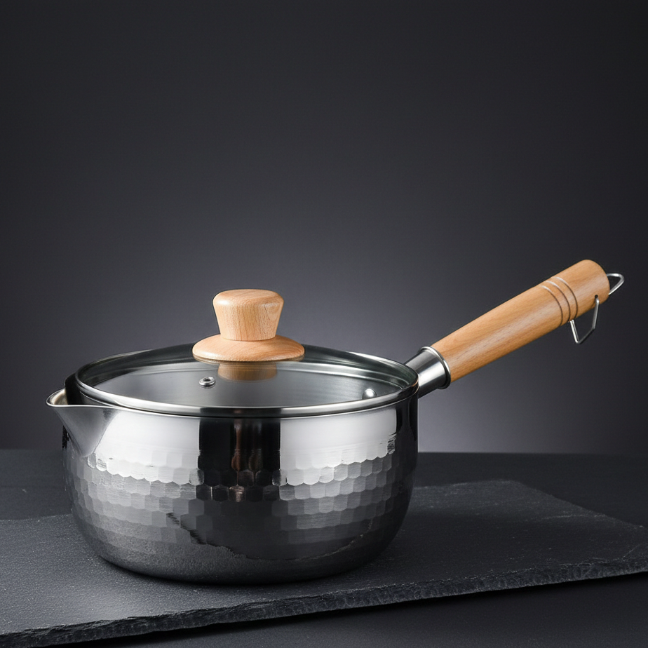 Casserole Inox Martelée Artisanale | Manche Bois Naturel | Compatible Induction & Gaz | 18-22cm