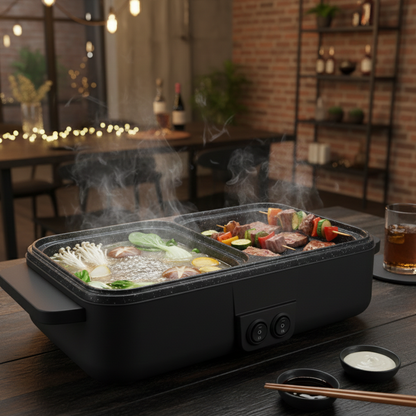 Station de Cuisson Électrique 2-en-1 | Gril & Fondue Shabu-Shabu | Barbecue de Table | 3 Coloris