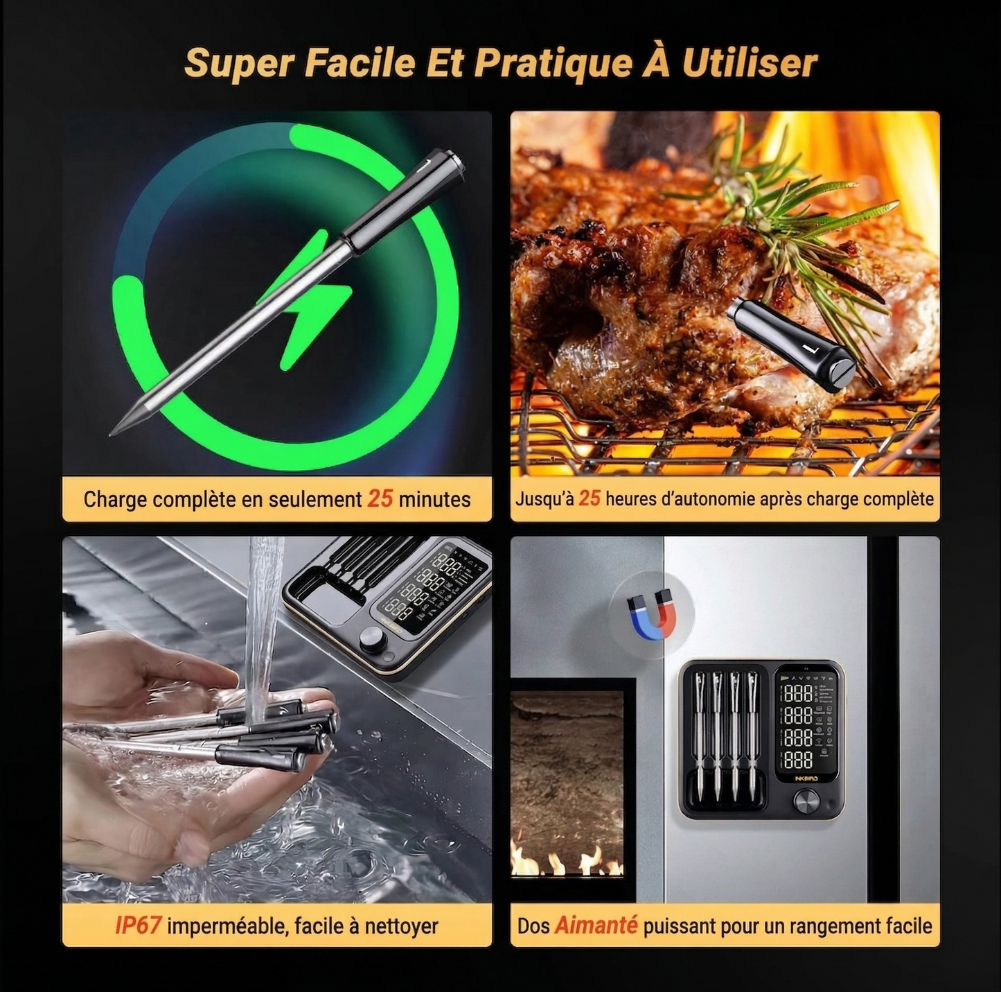 Thermomètre à Viande Sans Fil | Sonde Étanche | BBQ, Four & Rôtissoire | Alarme Température