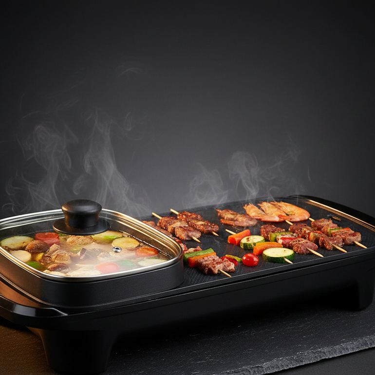 Station Gourmande 2-en-1 | Gril & Fondue Fromage Électrique | 1360W | Raclette & Barbecue de Table
