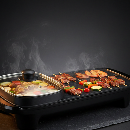 Station Gourmande 2-en-1 | Gril & Fondue Fromage Électrique | 1360W | Raclette & Barbecue de Table