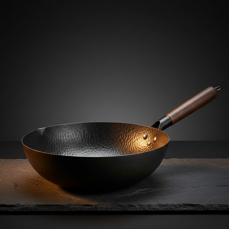 Wok Acier Carbone Fond Plat 32cm | Manche Bois | Compatible Induction & Gaz | 2 Variantes