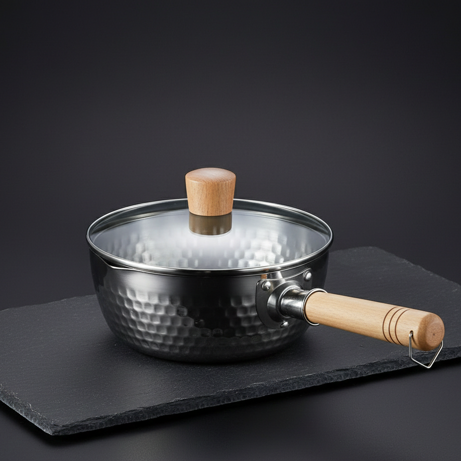 Casserole Inox Martelée Artisanale | Manche Bois Naturel | Compatible Induction & Gaz | 18-22cm