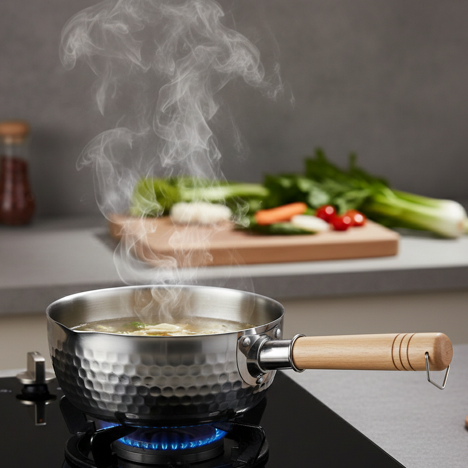 Casserole Inox Martelée Artisanale | Manche Bois Naturel | Compatible Induction & Gaz | 18-22cm