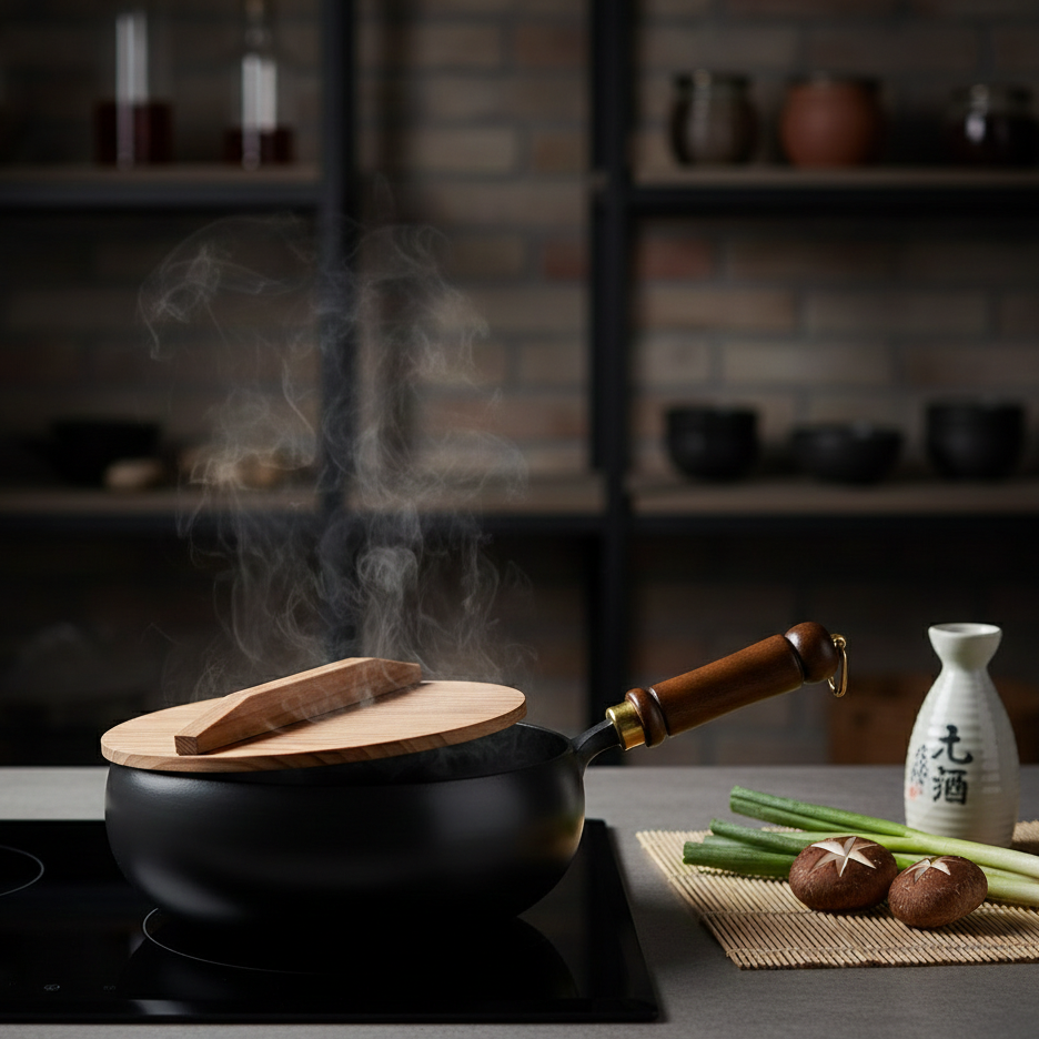 Wok en Fonte Style Japonais | Compatible Induction & Gaz | 3 Couvercles au Choix | Cuisine Asiatique