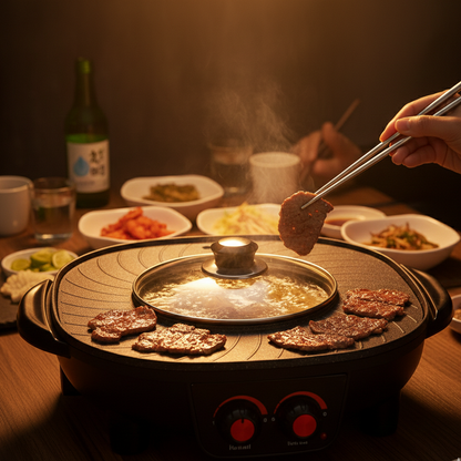 Station de Cuisson Ronde 2-en-1 | Gril & Fondue Coréenne | 1300W | Korean BBQ Authentique