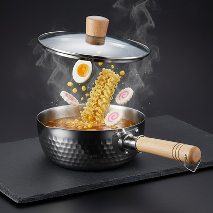 Casserole Inox Martelée Artisanale | Manche Bois Naturel | Compatible Induction & Gaz | 18-22cm