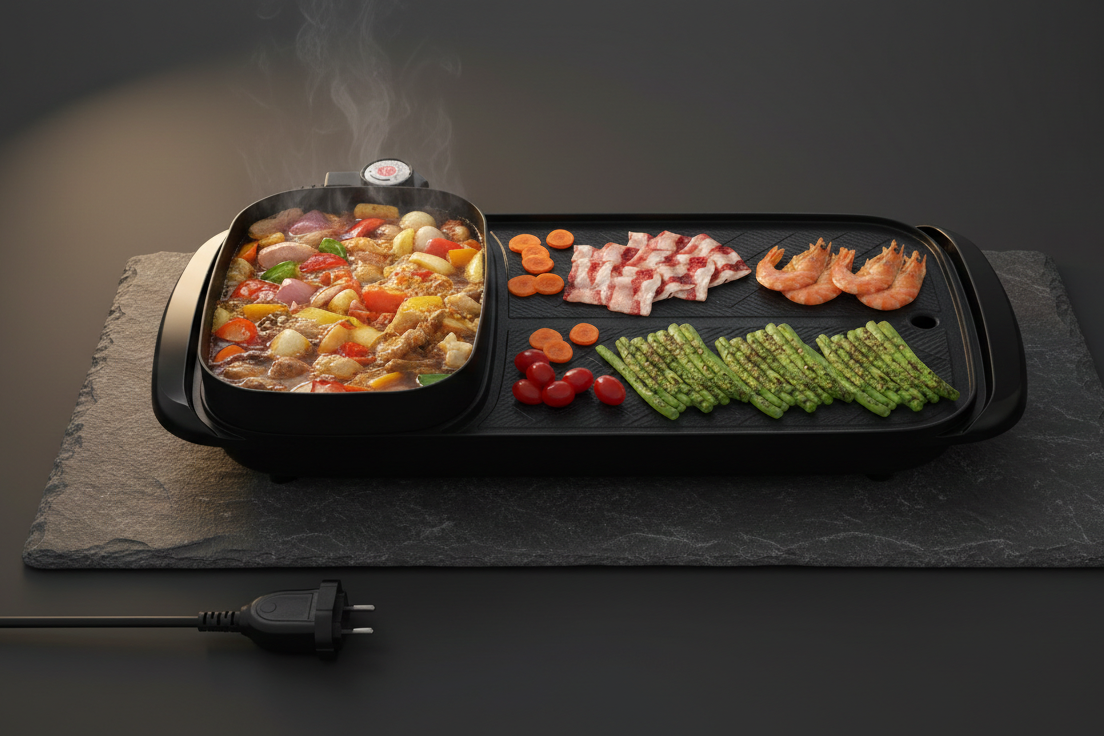 Station Gourmande 2-en-1 | Gril & Fondue Fromage Électrique | 1360W | Raclette & Barbecue de Table
