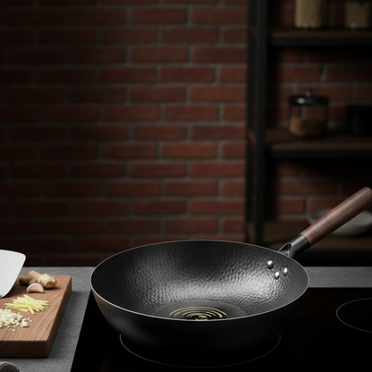 Wok Acier Carbone Fond Plat 32cm | Manche Bois | Compatible Induction & Gaz | 2 Variantes