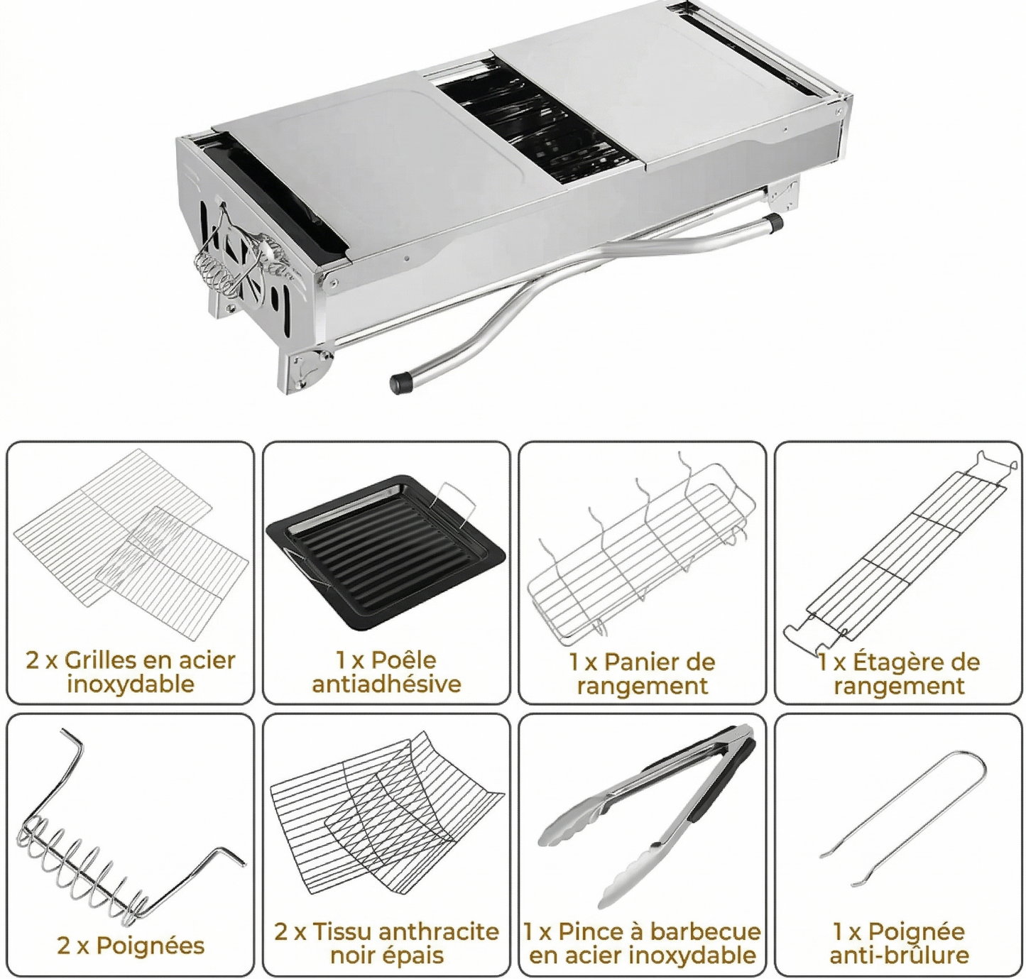 Barbecue à Charbon Portable Inox | Ailes Pliantes | Ventilation Réglable | Camping & Terrasse