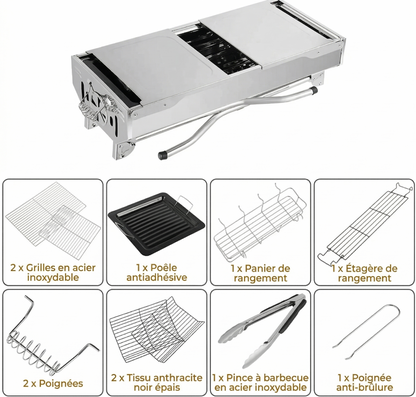 Barbecue à Charbon Portable Inox | Ailes Pliantes | Ventilation Réglable | Camping & Terrasse