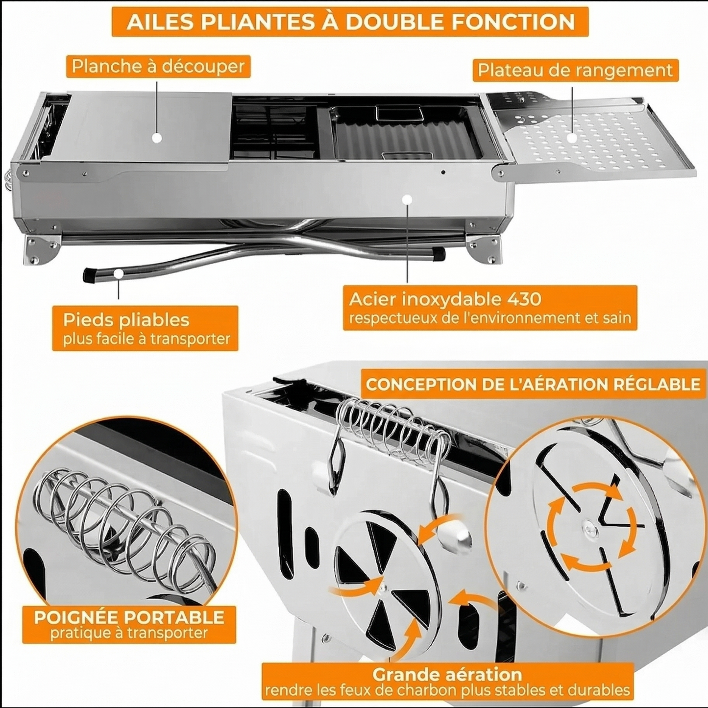Barbecue à Charbon Portable Inox | Ailes Pliantes | Ventilation Réglable | Camping & Terrasse