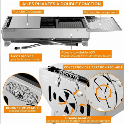 Barbecue à Charbon Portable Inox | Ailes Pliantes | Ventilation Réglable | Camping & Terrasse