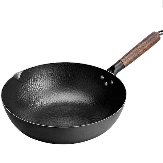 Wok Acier Carbone Fond Plat 32cm | Manche Bois | Compatible Induction & Gaz | 2 Variantes