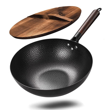 Wok Acier Carbone Fond Plat 32cm | Manche Bois | Compatible Induction & Gaz | 2 Variantes